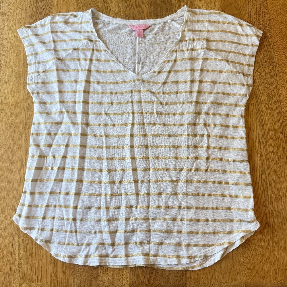 Lilly Pulitzer Rollins Linen Top Gold Serene Stripe Top Size Medium - Picture 2 of 9